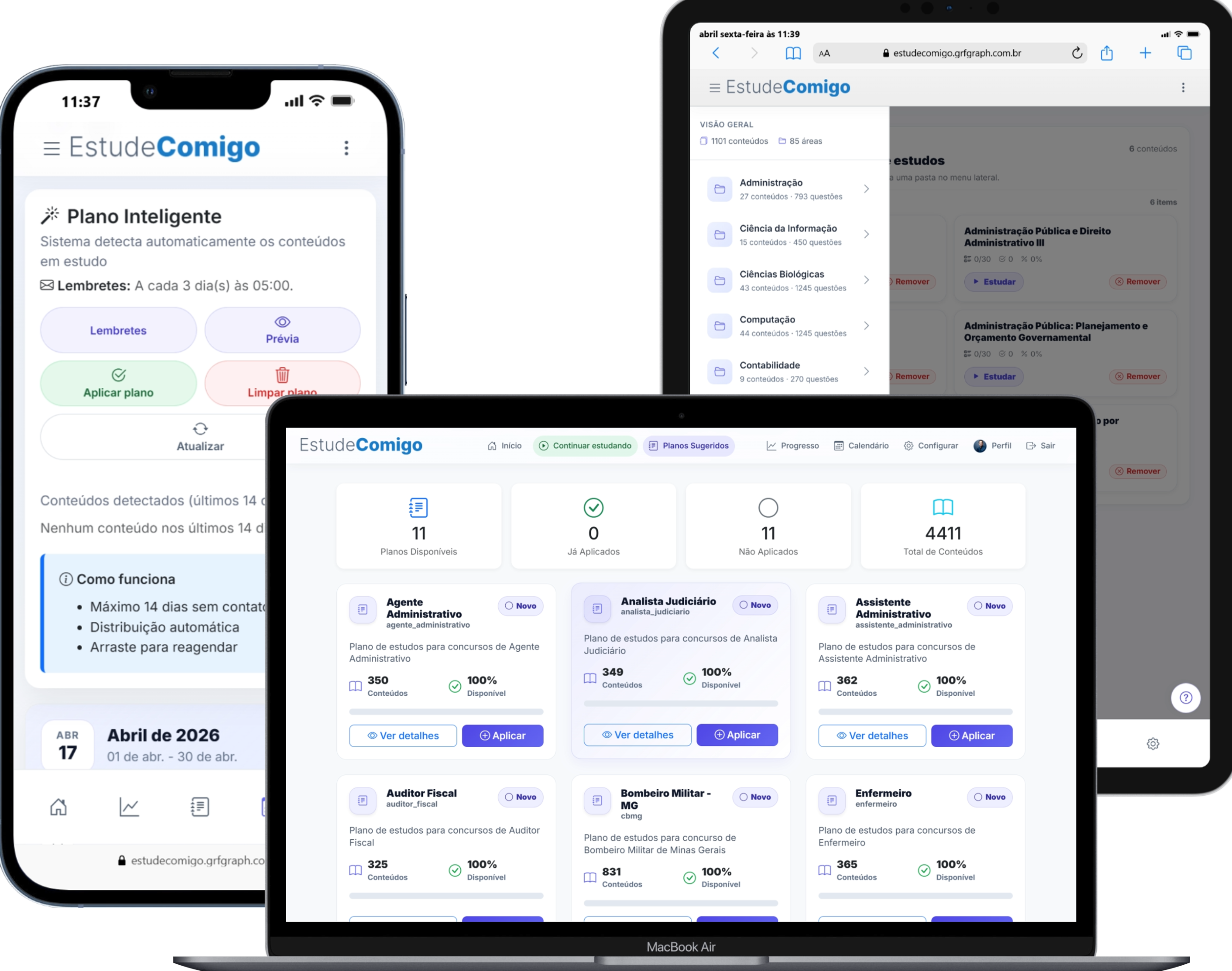 Painel do EstudeComigo com estudos e revisões